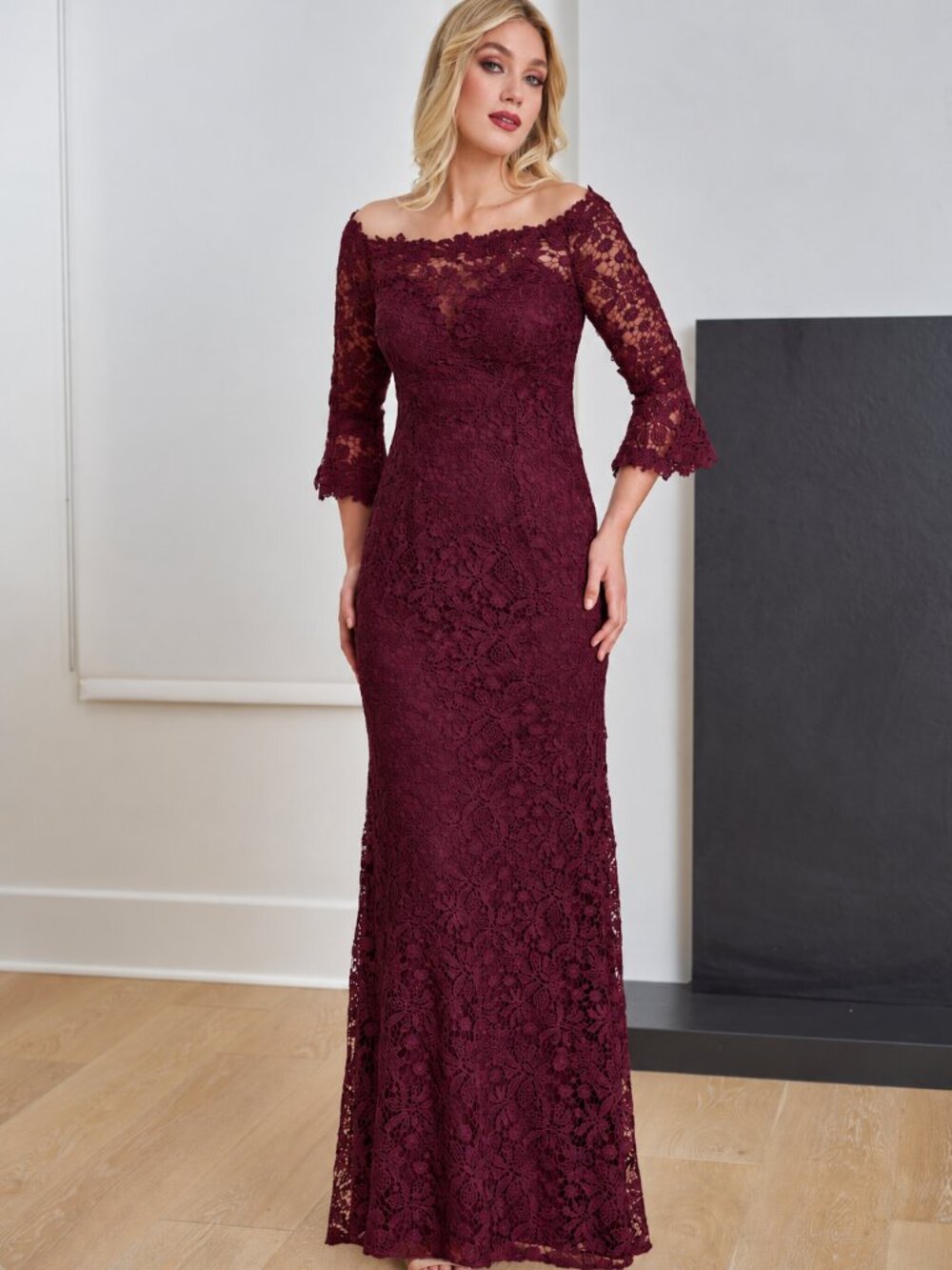 Jade Couture Wine Lace Off Shoulder Mother of Bride/Groom Dress Long Bell Sleeve